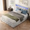 Queen Size Upholstered Platform Storage Bed Frame with 4 Drawers and LED Light,No Box Spring Needed
