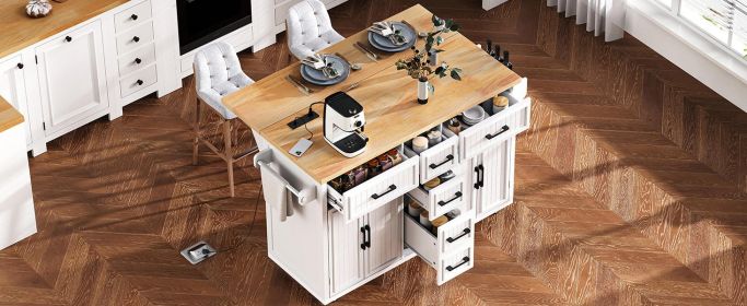 K&K 56.5'' Kitchen Island with Drop Leaf, Power Outlet, Embossed Vertical Stripe Rolling Kitchen Cart on Wheels with 4 Doors