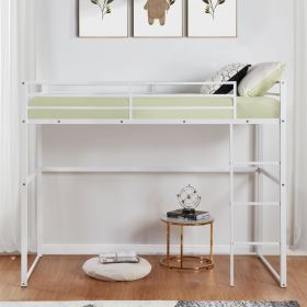 Metal Loft Bed Full Size, Loft Bed Frame with Safety Guard Rails & Flat Ladder, Twin Loft Bed for Kids Teens Adults, White