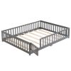 Full Size Floor Bed with Door,Solid Wood Platform Bed Frame with Fence,Suitable for children,Pine Wood,Gray