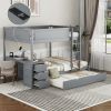 Full-Over-Full Bunk Bed with Twin size Trundle, Storage and Desk, Gray