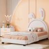 Twin Size Upholstered Leather Platform Bed with Rabbit Ornament
