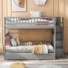 Full over Full Bunk Bed with Trundle and Staircase (Color: Gray)