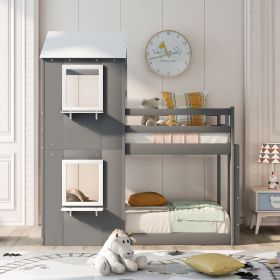 Twin Over Twin Bunk Bed Wood Bed with Roof;  Window;  Guardrail;  Ladder (Color: Grey+White)