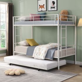 Over Twin Bunk Bed Frame with Trundle,Metal Bunkbed with Sturdy Guard Rail and 2 sideLadders for Kids/Adults,Can be Divided Into Two Beds (Color: White)
