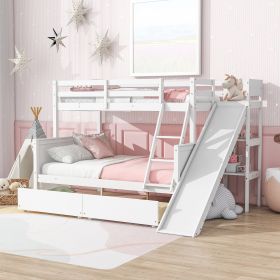 Twin over Full Bunk Bed with 2 Drawers,Slide,Shelves,Ladder,Rubber Wood Bunk Bed with Slide,Drawers,Grey (Material: Rubber Wood, Color: White)