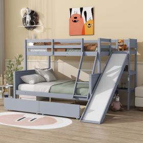 Twin over Full Bunk Bed with 2 Drawers,Slide,Shelves,Ladder,Rubber Wood Bunk Bed with Slide,Drawers,Grey (Material: Rubber Wood, Color: Grey)