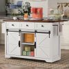 53.7" Farmhouse Kitchen Island with Power Outlet, 2 Sliding Barn Door Kitchen Storage Island with Drop Leaf, Spice Rack Rolling Kitchen Cart on Wheels