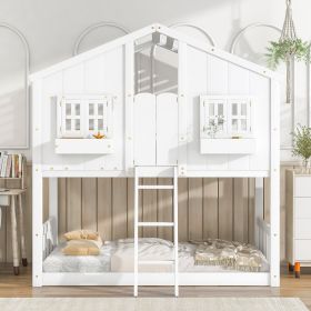 Twin over Twin House Bunk Bed with Roof , Window, Window Box, Door , with Safety Guardrails and Ladder (Color: White)