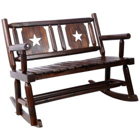 Outdoor Wood Rocking Bench Carbonized Double Rocking Chair for 2 Persons with Wide Curved Seat, Porch Rocker for Porch, Garden, Backyard, Rustic Brown (Color: as Pic)