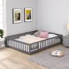 Full Size Floor Bed with Door, Solid Wood Platform Bed Frame with Fence, Suitable for children, Pine Wood
