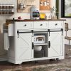 53.7" Farmhouse Kitchen Island with Power Outlet, 2 Sliding Barn Door Kitchen Storage Island with Drop Leaf, Spice Rack Rolling Kitchen Cart on Wheels
