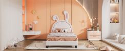 Twin Size Upholstered Leather Platform Bed with Rabbit Ornament