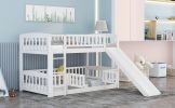 Bunk Bed with Slide; Twin Over Twin Low Bunk Bed with Fence and Ladder for Toddler Kids Teens