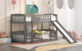 Bunk Bed with Slide; Twin Over Twin Low Bunk Bed with Fence and Ladder for Toddler Kids Teens